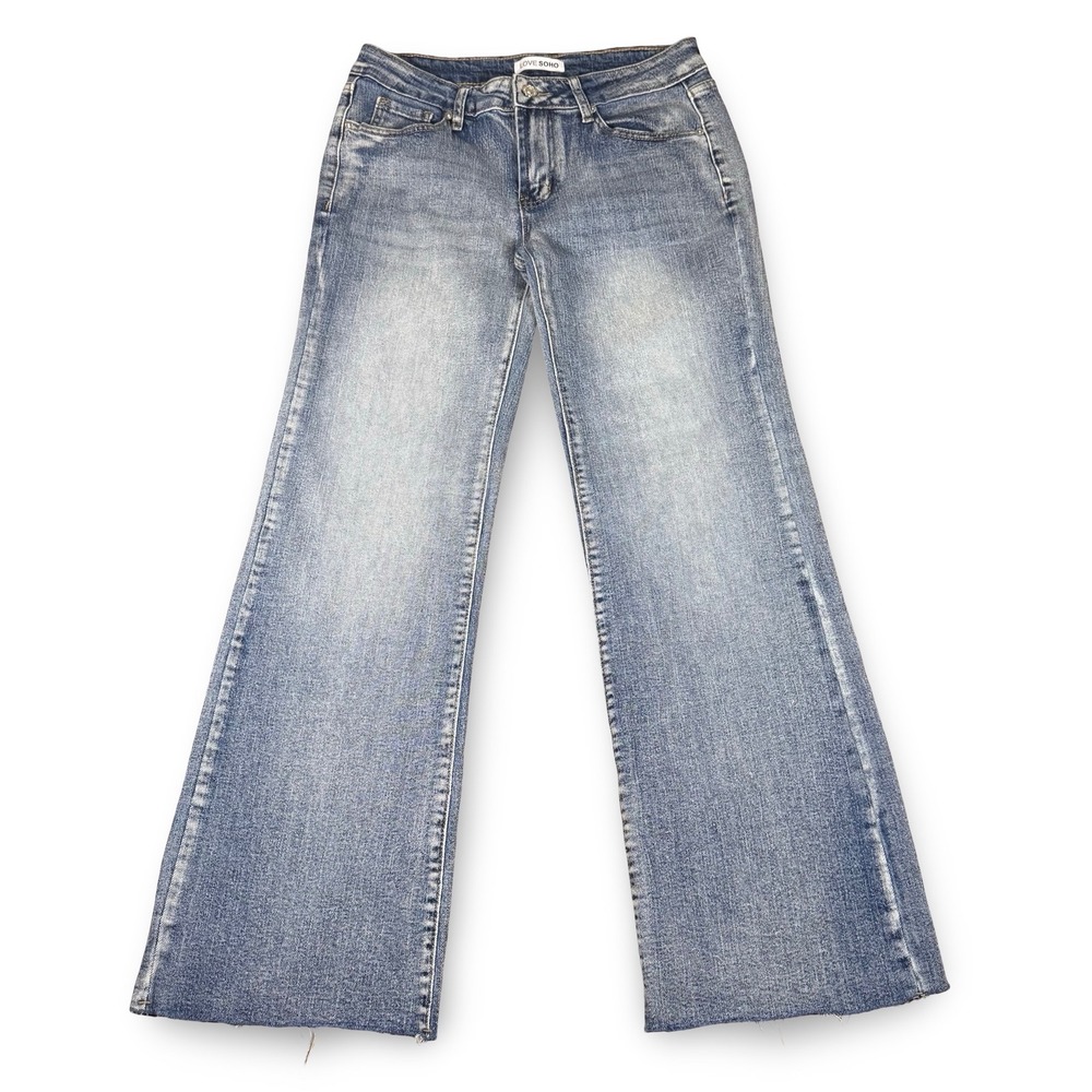 Love Soho Medium Wash Raw Hem Wide Leg Denim Jeans Size 5 Y2K Retro Chic